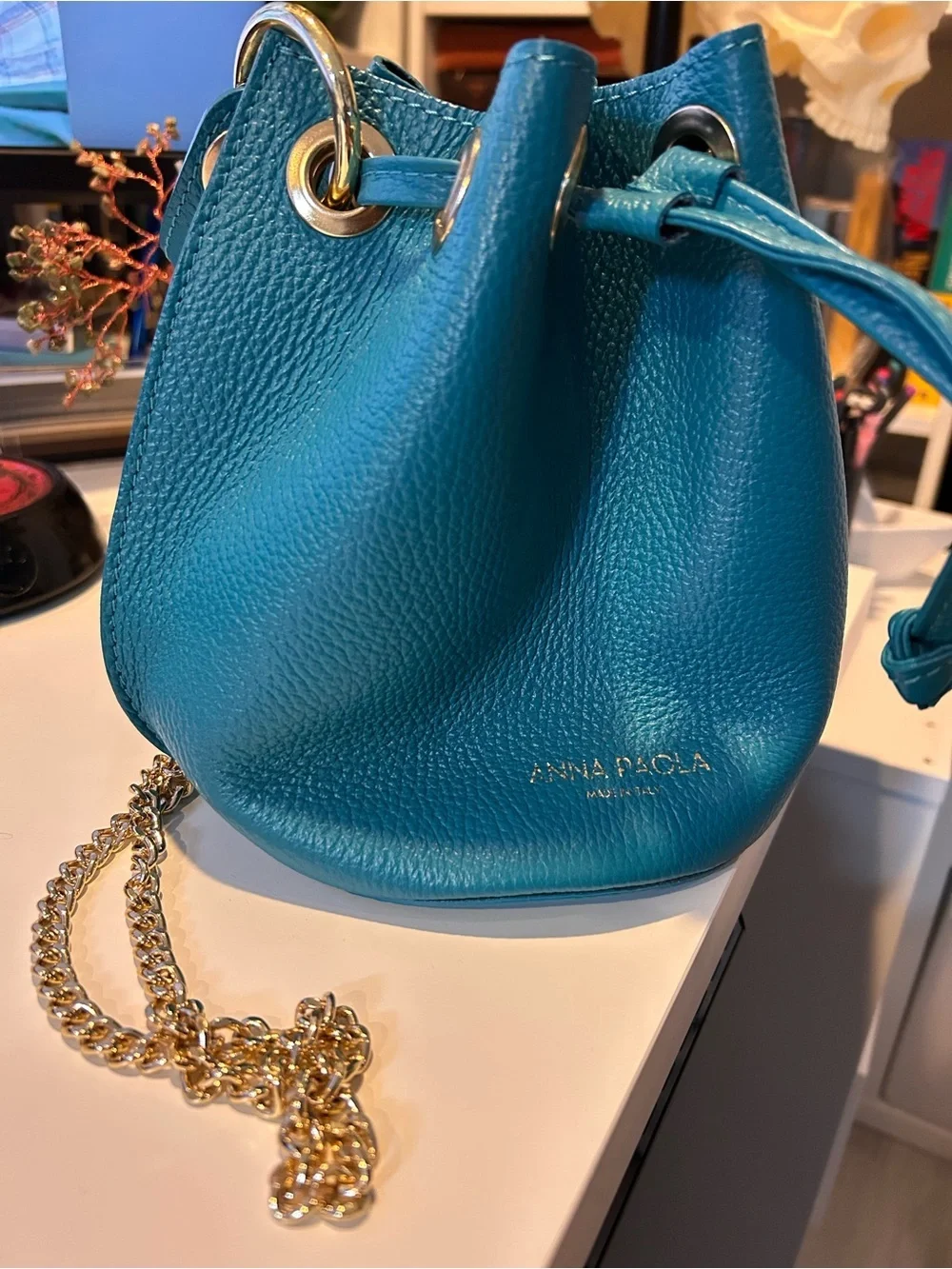 Anna Paola Teal Pebbled Leather Drawstring Bucket Bag